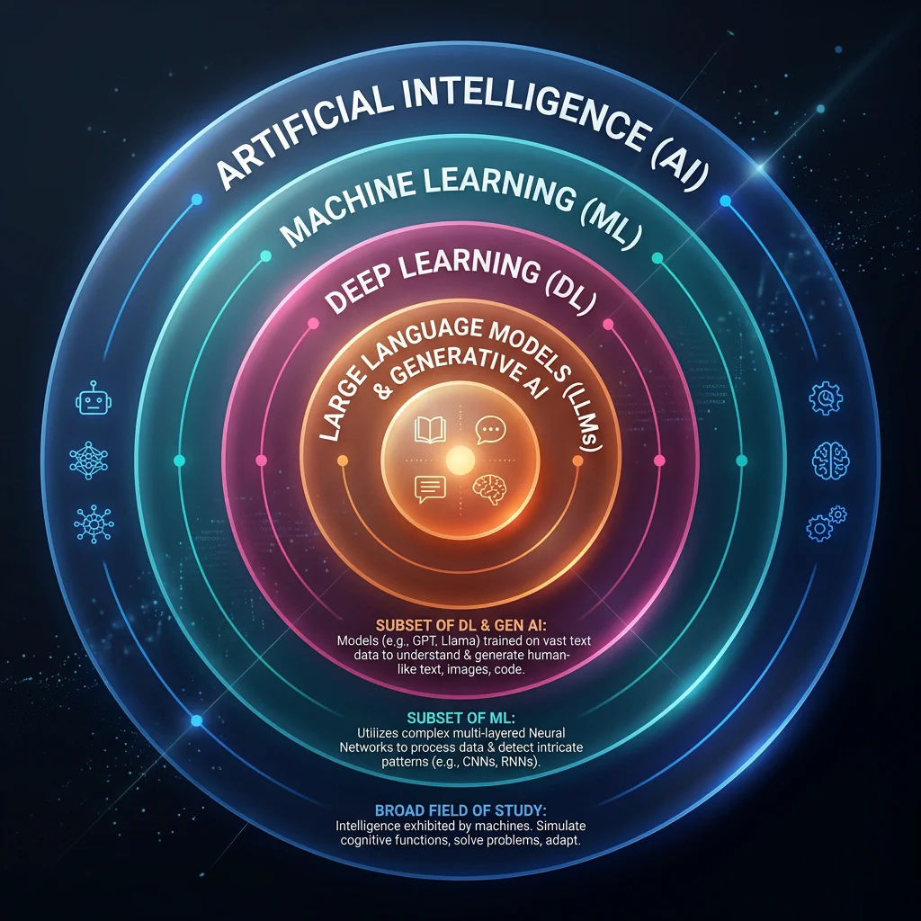 AI vs ML vs DL vs LLM Venn Diagram